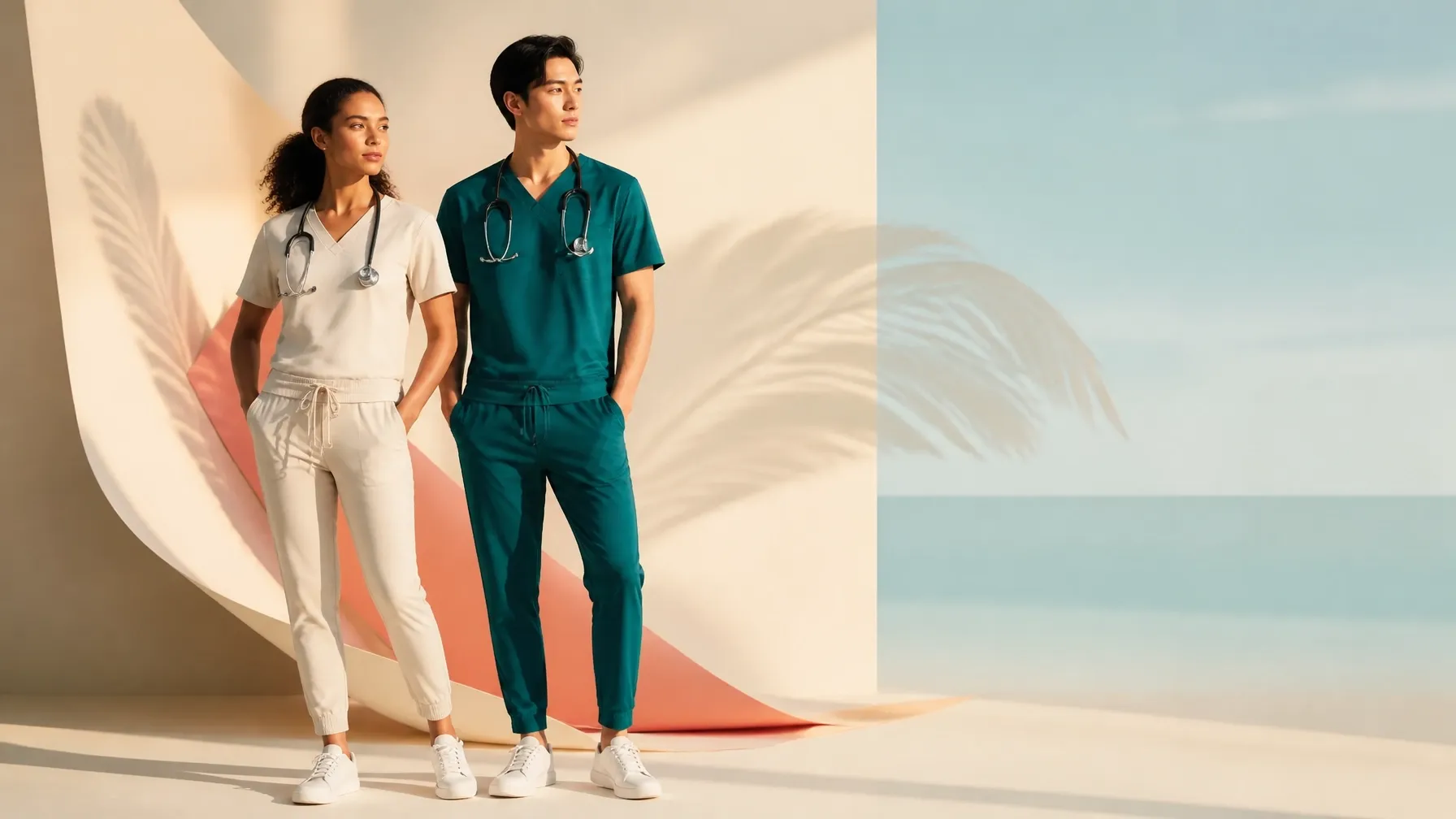 Two healthcare professionals in modern teal and ivory workwear in an airy editorial studio